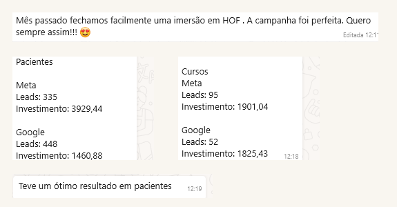 Mensagem da cliente elogiando a campanha e relatório de leads por canal