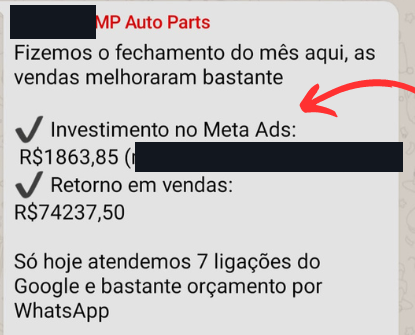 Mensagem do cliente com investimento de R$ 1.863,85 em anúncios e retorno de R$ 74.237,50 em vendas